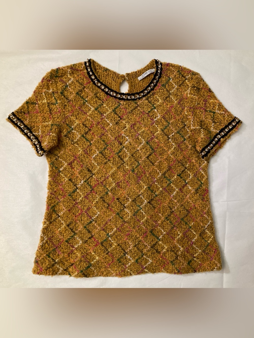 Zara Mustard Short-Sleeve Textured Knit Top with Multicolor Diamond Pattern